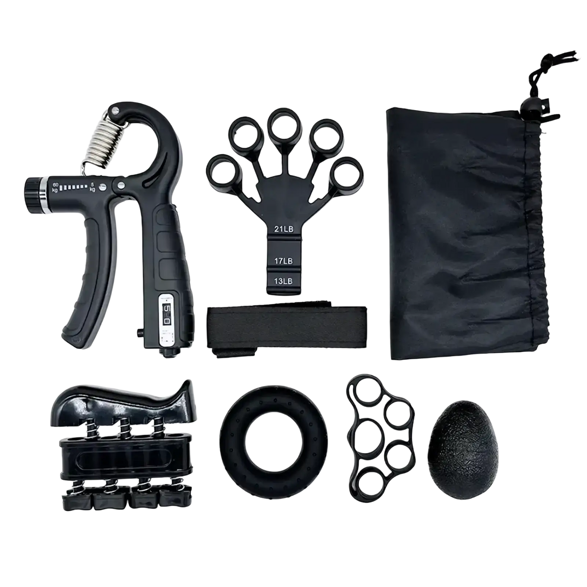 Adjustable grip strength trainer set featuring black plastic and metal hand grips with resistance levels for grip strength