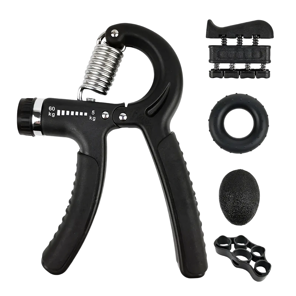 Adjustable grip strength trainer set with black plastic and metal hand gripper featuring textured grips and spring mechanism