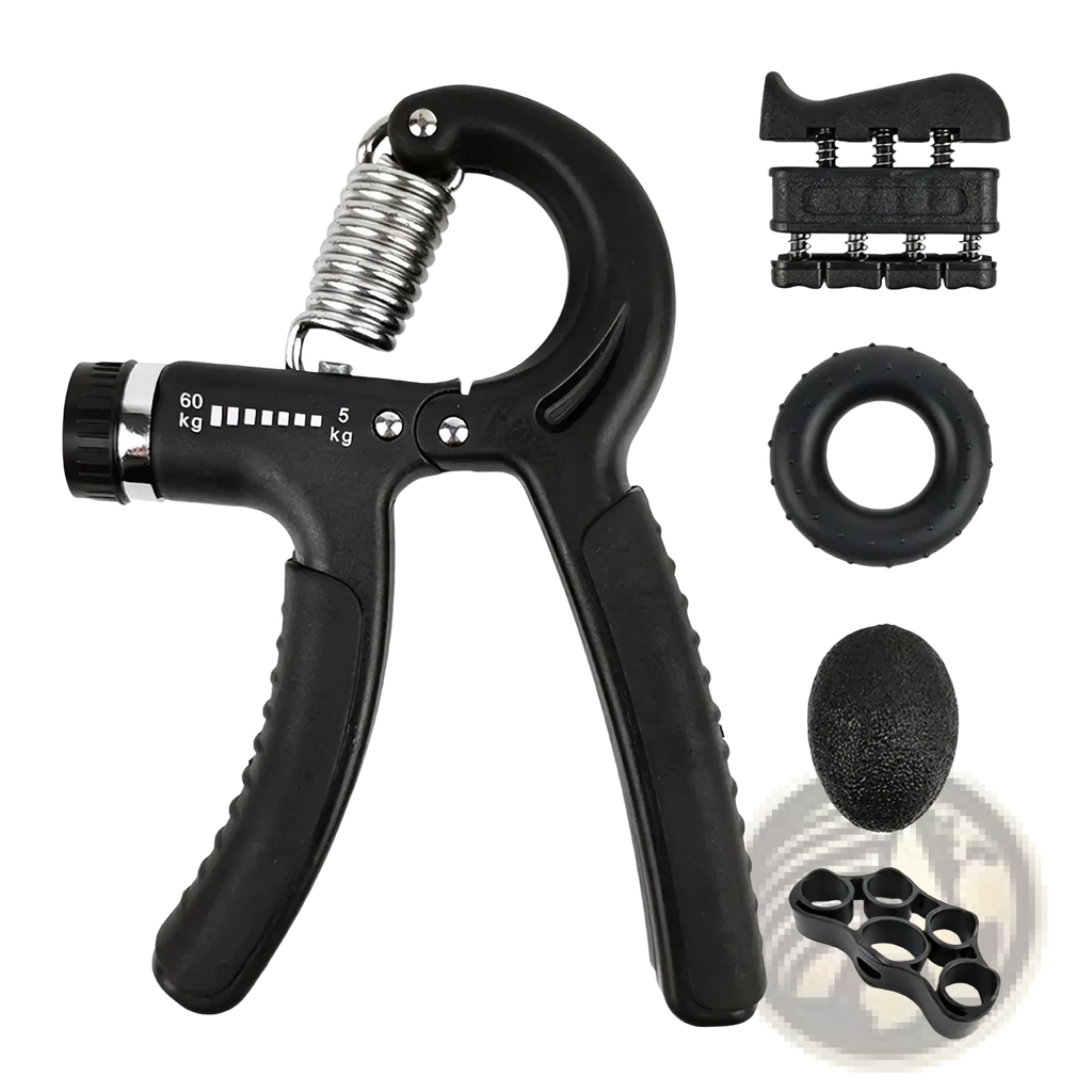 Adjustable grip strength trainer set with black plastic and metal hand gripper featuring textured grips and spring mechanism
