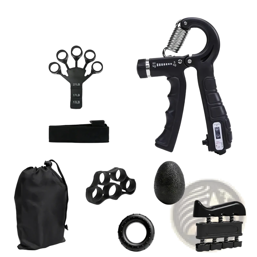 Black adjustable grip strength trainer set with spring mechanism and weight indicators for hand exercise and strength building
