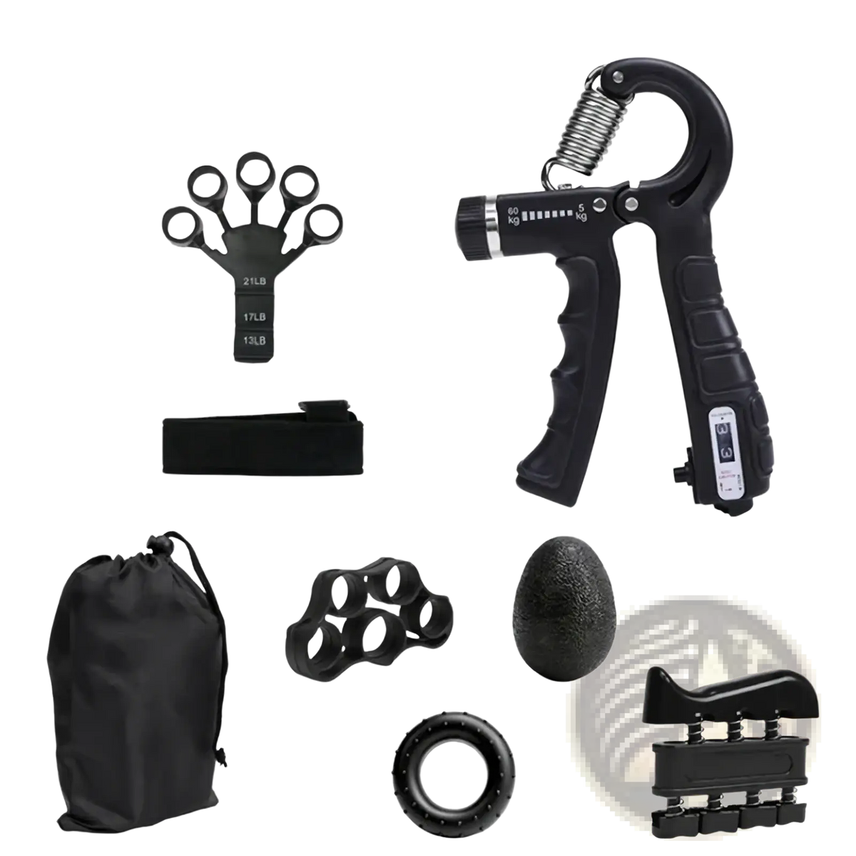 Black adjustable grip strength trainer set with spring mechanism and weight indicators for hand exercise and strength building