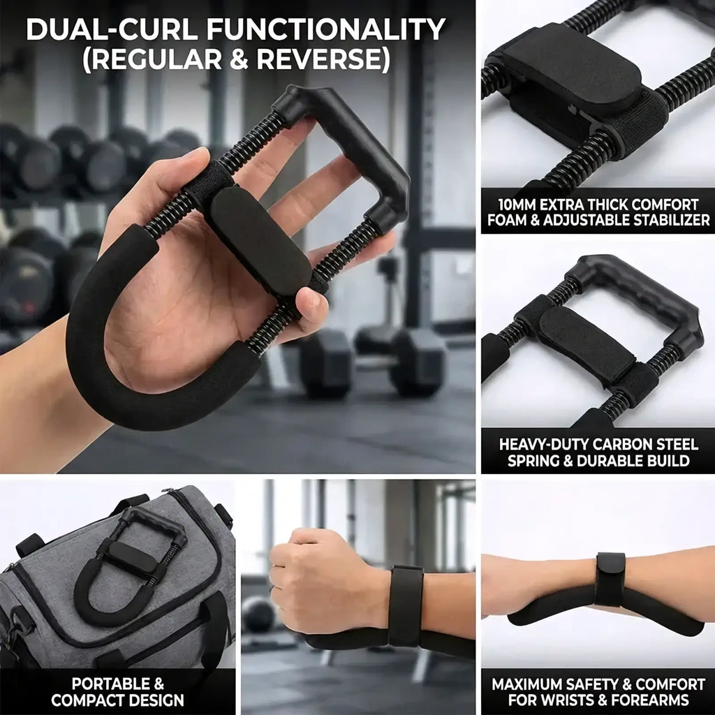 Black dual-curl adjustable hand grip strengthener with 10mm foam padding and heavy-duty carbon steel spring