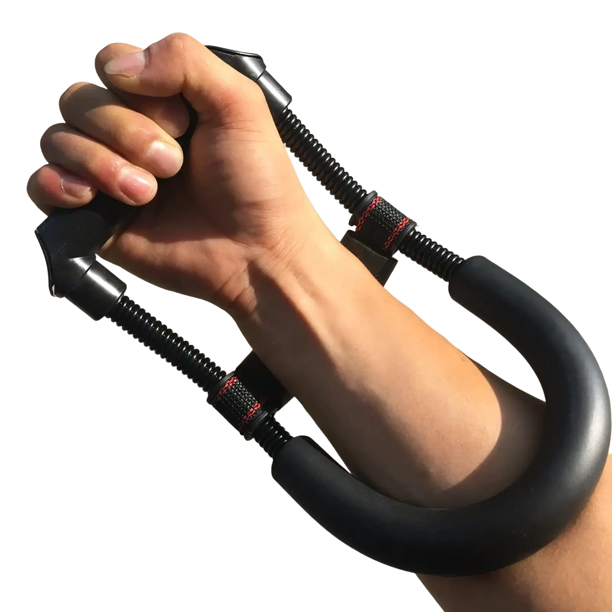 Adjustable hand grip strengthener forearm exerciser with black rubber-coated textured handles and red adjustment bands