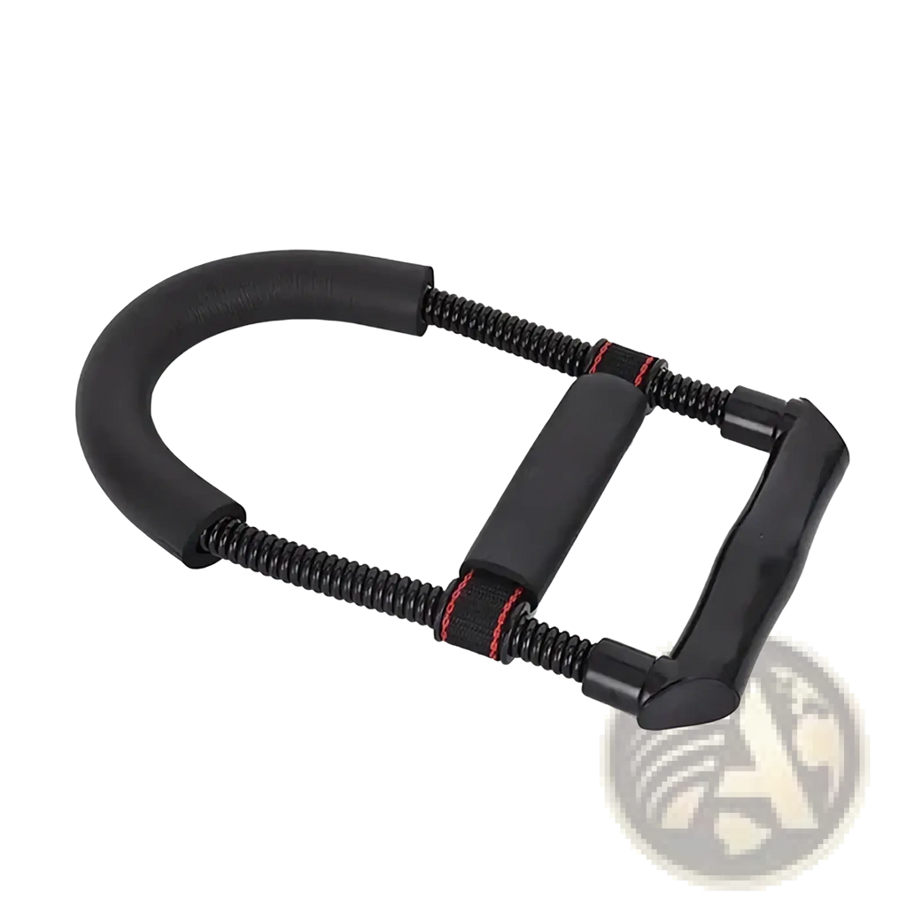 Adjustable hand grip strengthener forearm exerciser with black rubber-coated spring and red stitching accents