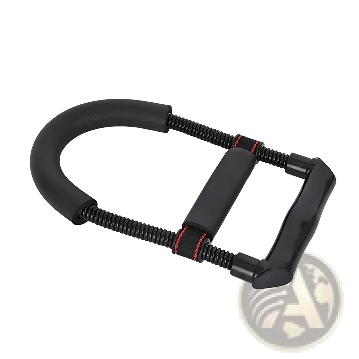 Adjustable hand grip strengthener forearm exerciser with black rubber-coated spring and red stitching accents