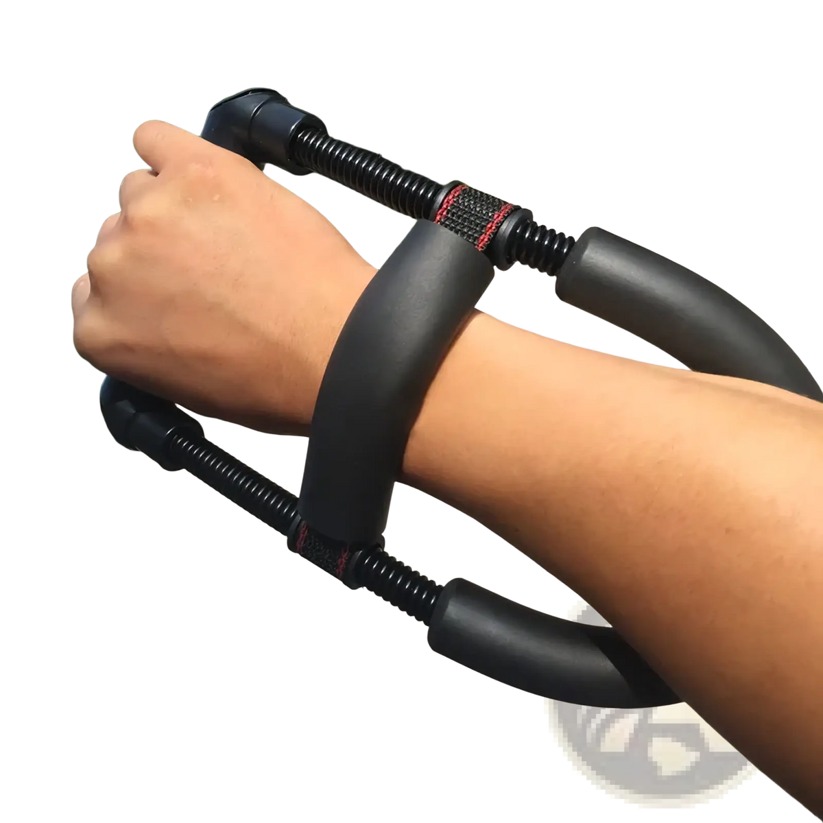 Adjustable hand grip strengthener forearm exerciser in black rubber with red stitching and durable coating
