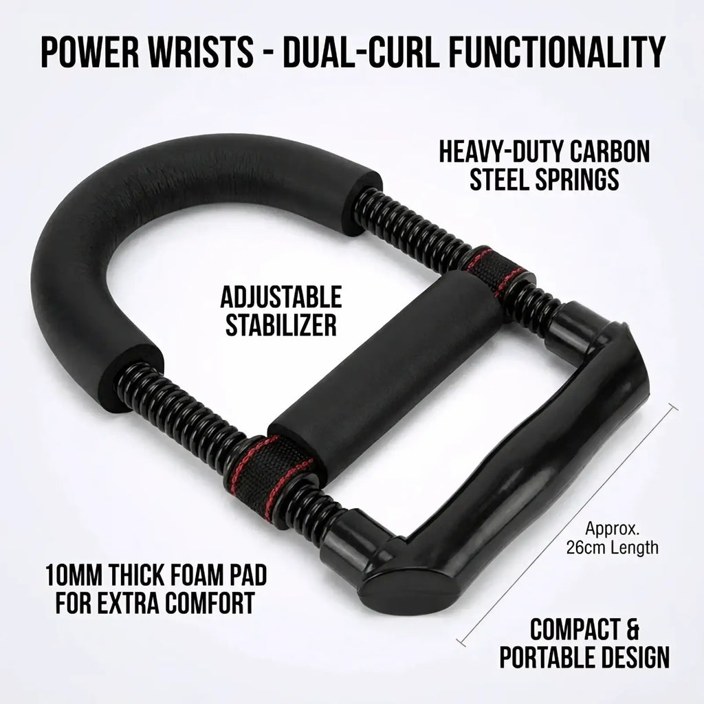 Black u-shaped adjustable hand grip strengthener with heavy-duty carbon steel springs and 10mm foam pads for comfort