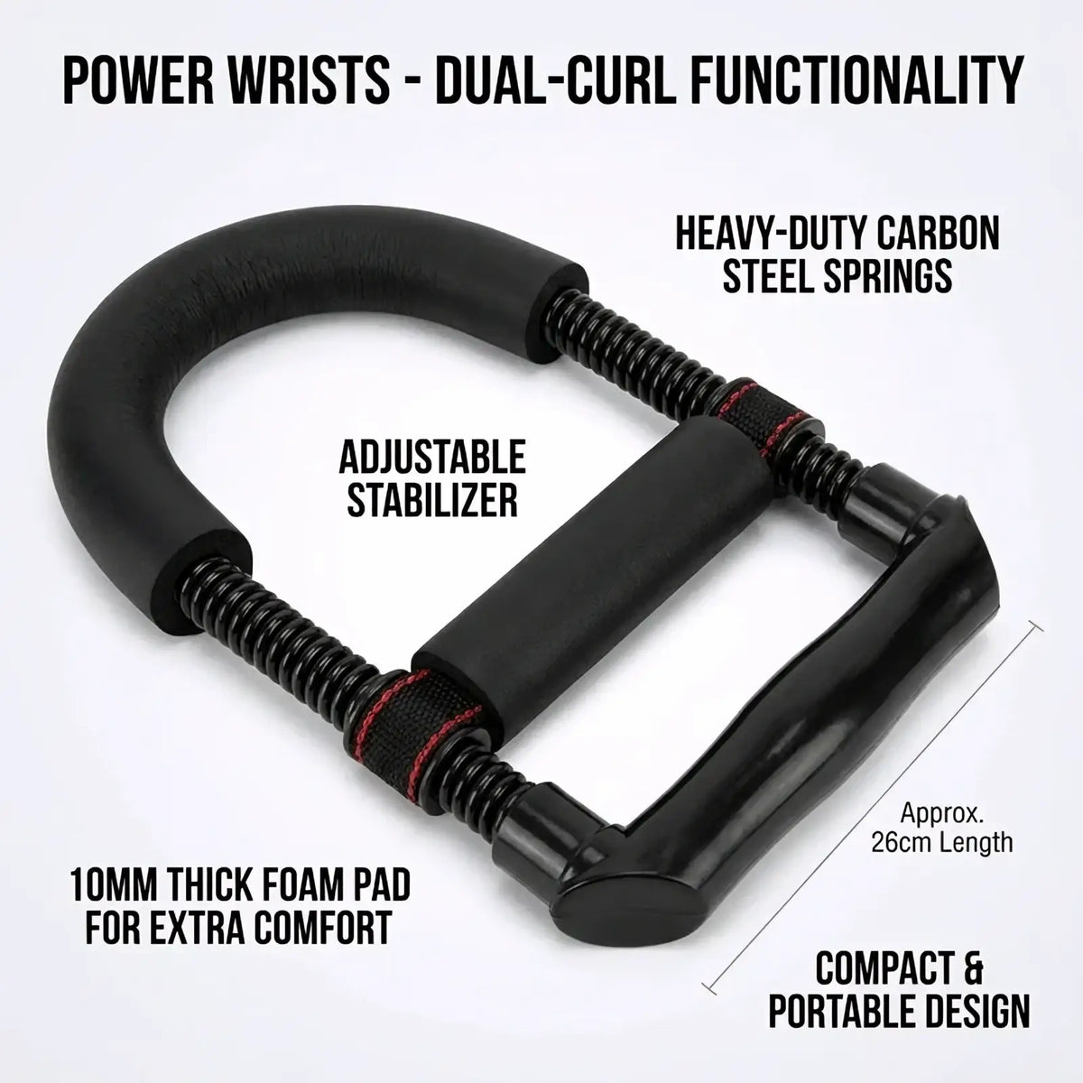 Black u-shaped adjustable hand grip strengthener with heavy-duty carbon steel springs and 10mm foam pads for comfort