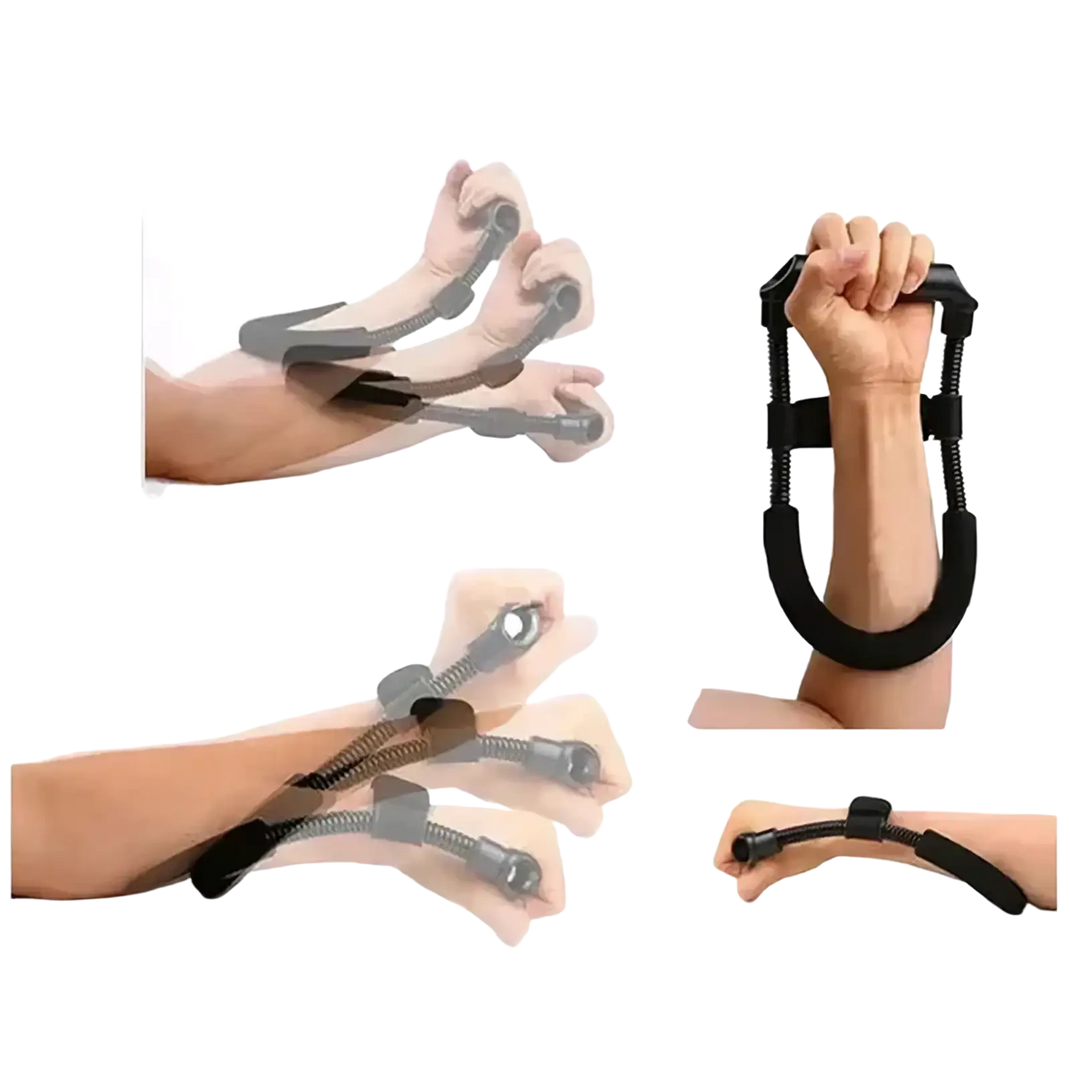 Black adjustable hand grip strengthener with elastic resistance bands and padded handles for forearm exercise