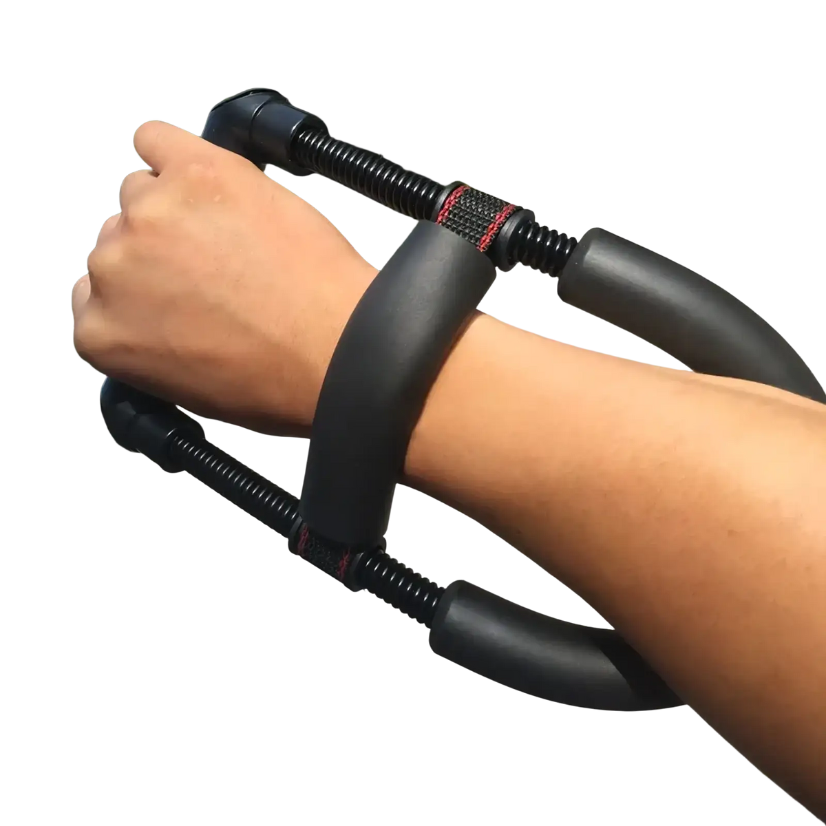 Adjustable hand grip strengthener made of black rubber with red stitching accents for improving hand grip and forearm strength
