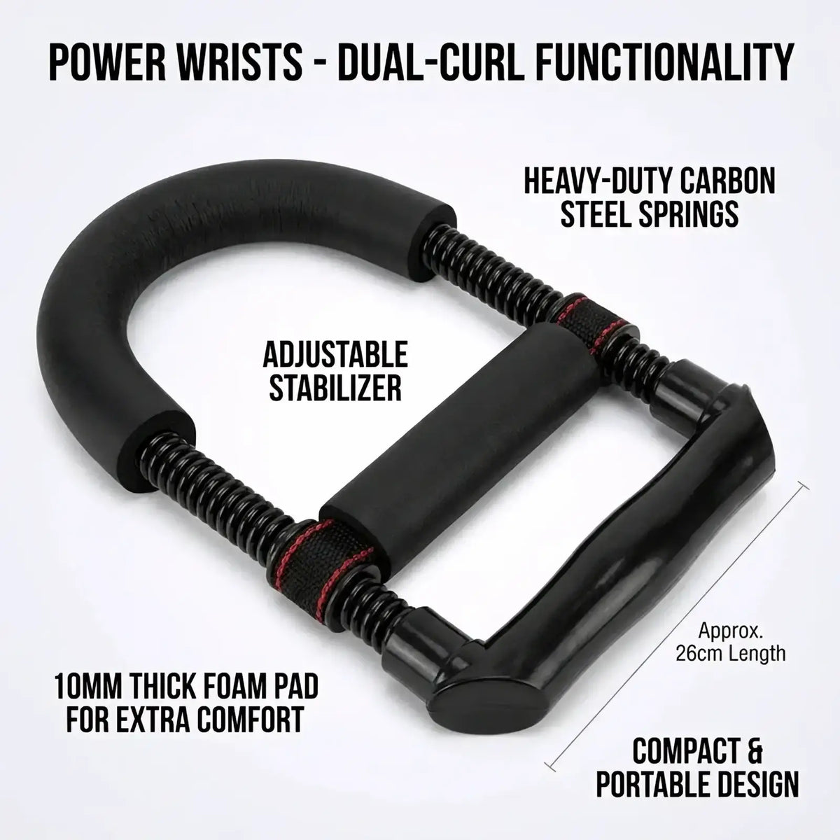 Black adjustable hand grip strengthener with u-shaped design, carbon steel springs, and foam pads for comfort and durability