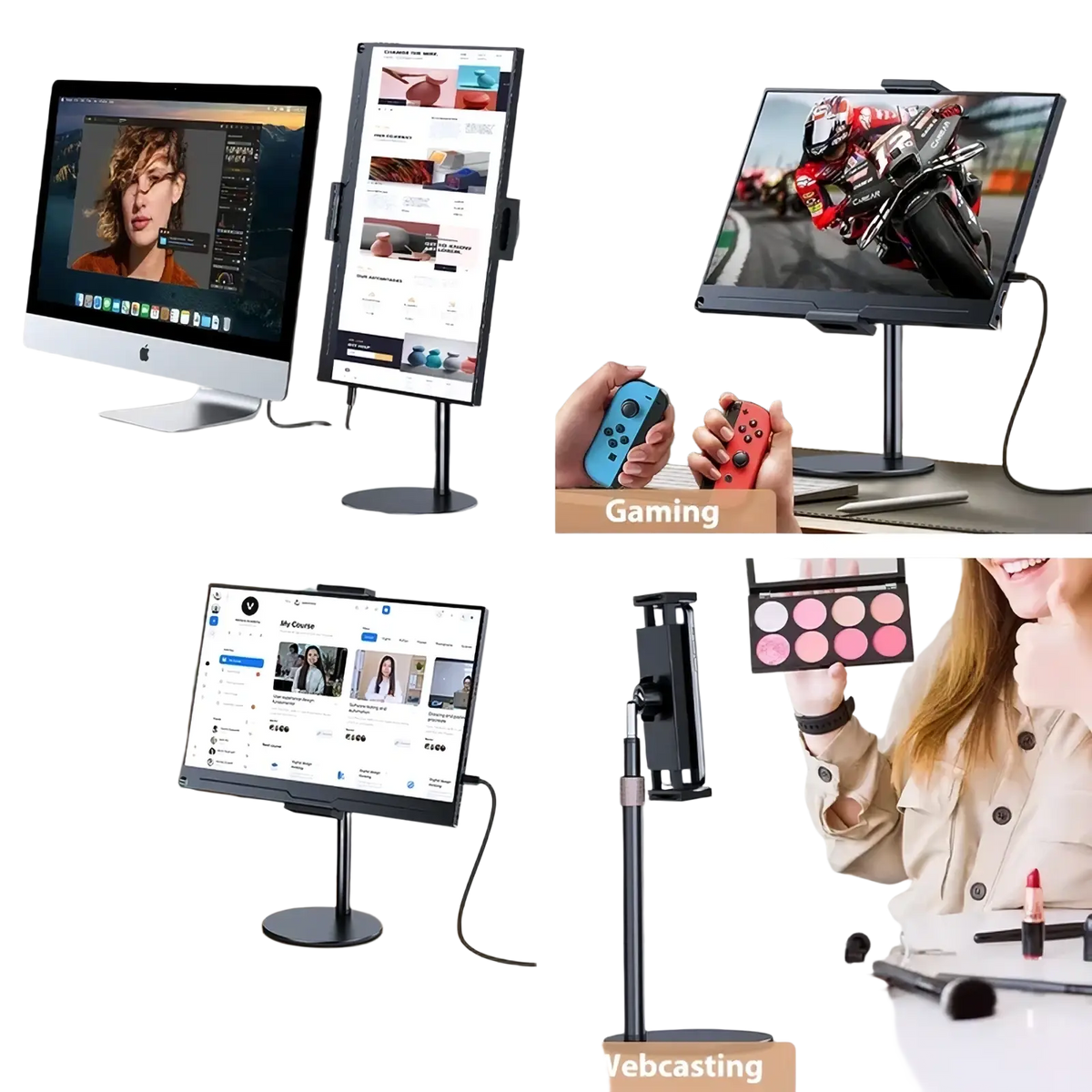 Black adjustable heavy duty tablet and monitor desk stand showing the back side for ergonomic workspace setup