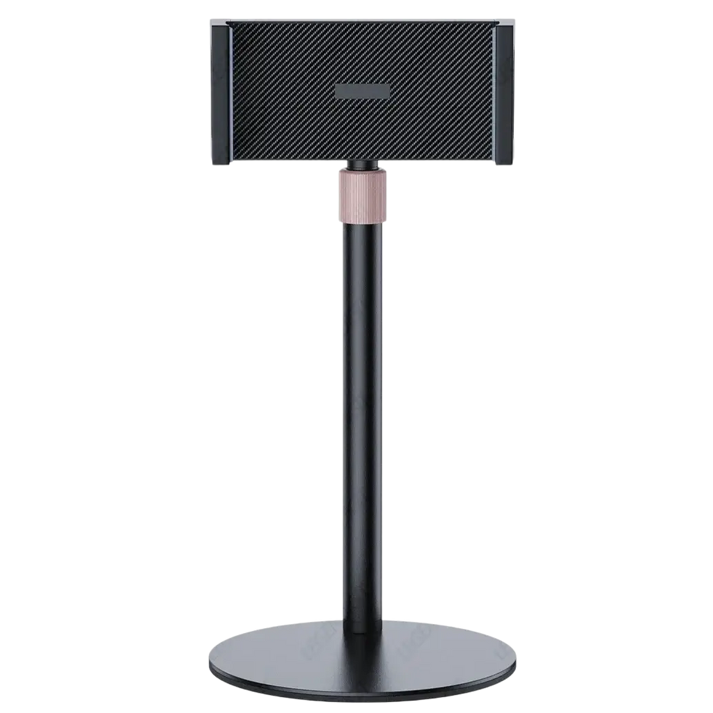Adjustable heavy duty tablet and monitor desk stand in black carbon fiber with rose gold accent on adjustable neck