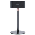 Adjustable heavy duty tablet and monitor desk stand in black carbon fiber with rose gold accent on adjustable neck