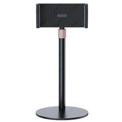 Adjustable heavy duty tablet and monitor desk stand in black carbon fiber with rose gold accent on adjustable neck