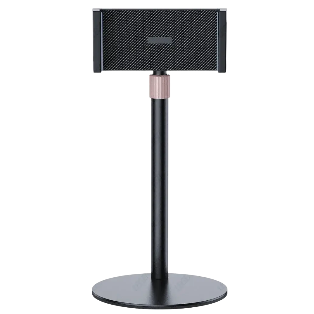 Adjustable heavy duty tablet and monitor desk stand in black carbon fiber with rose gold accent on adjustable neck