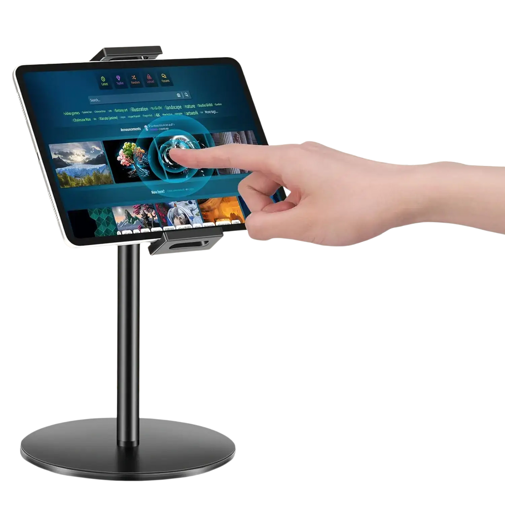 Adjustable heavy duty black metal tablet and monitor desk stand with adjustable height and secure grip for stable display