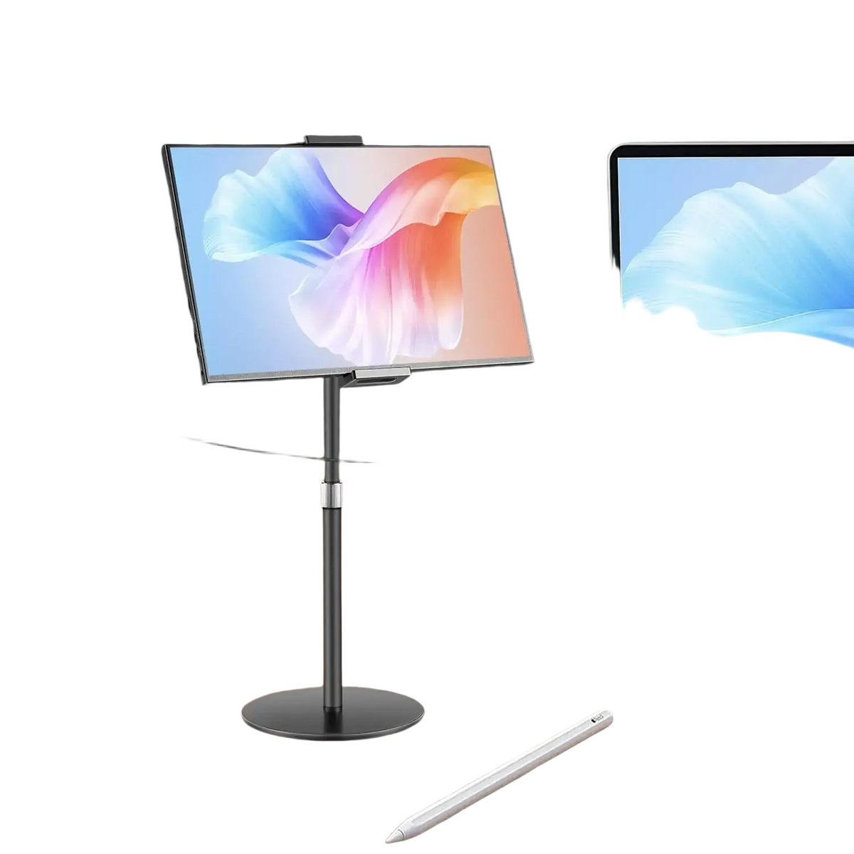 Adjustable heavy duty tablet and monitor desk stand with black portable bracket, adjustable height, and sleek metallic finish
