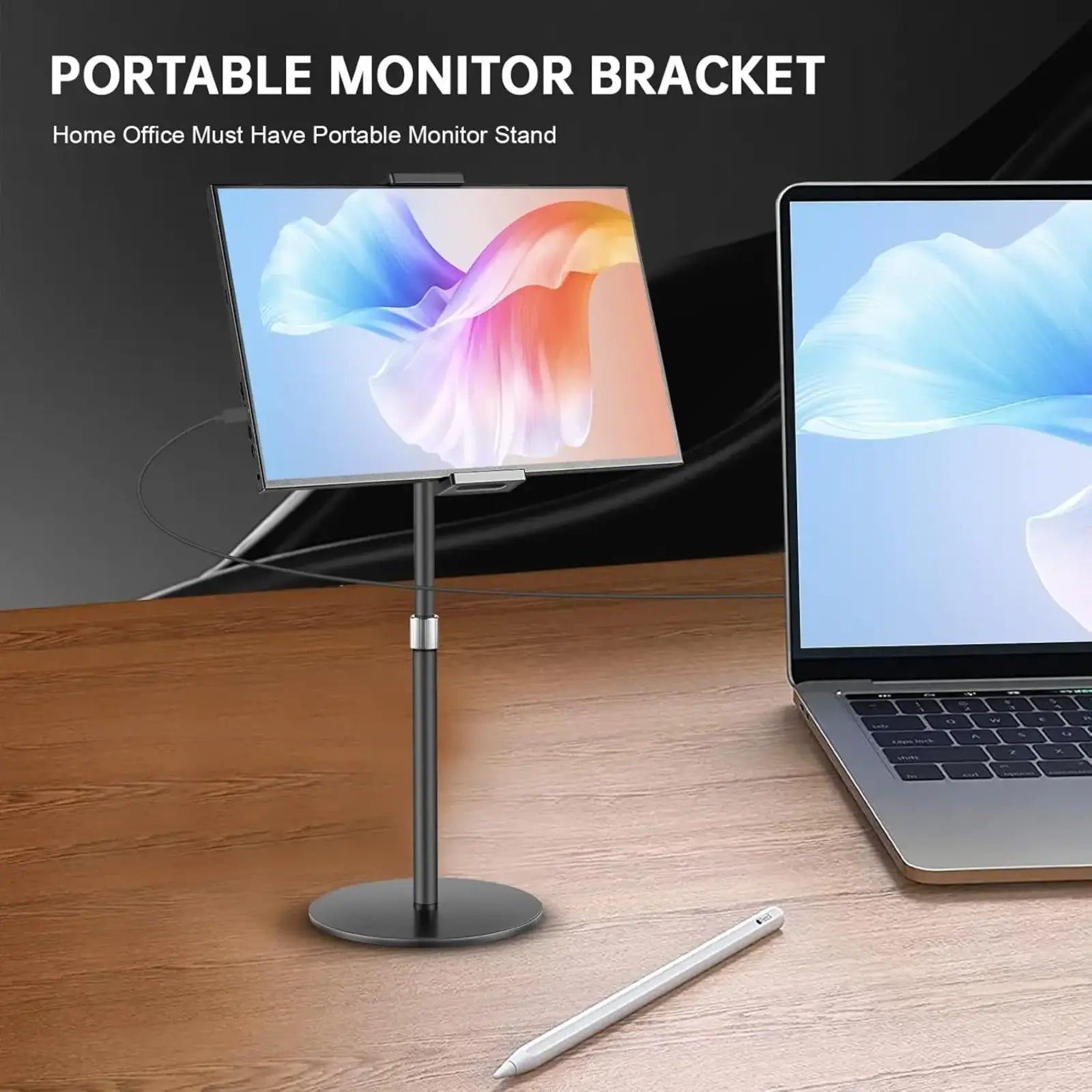 Adjustable heavy duty tablet and monitor desk stand with black portable bracket, adjustable height, and sleek metallic finish