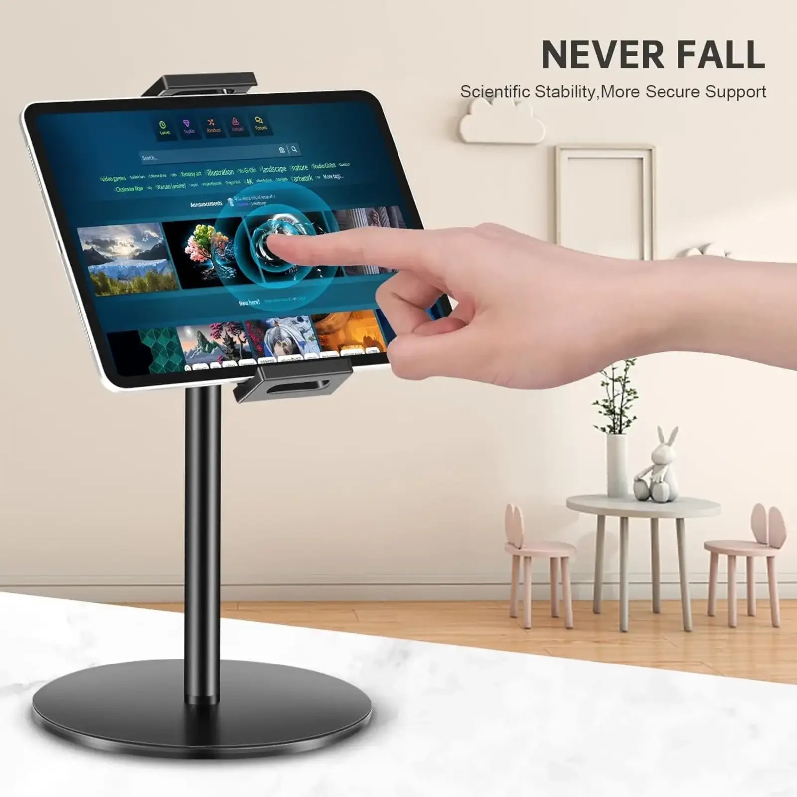 Adjustable heavy duty black metal tablet and monitor desk stand with adjustable height and secure grip for stable display