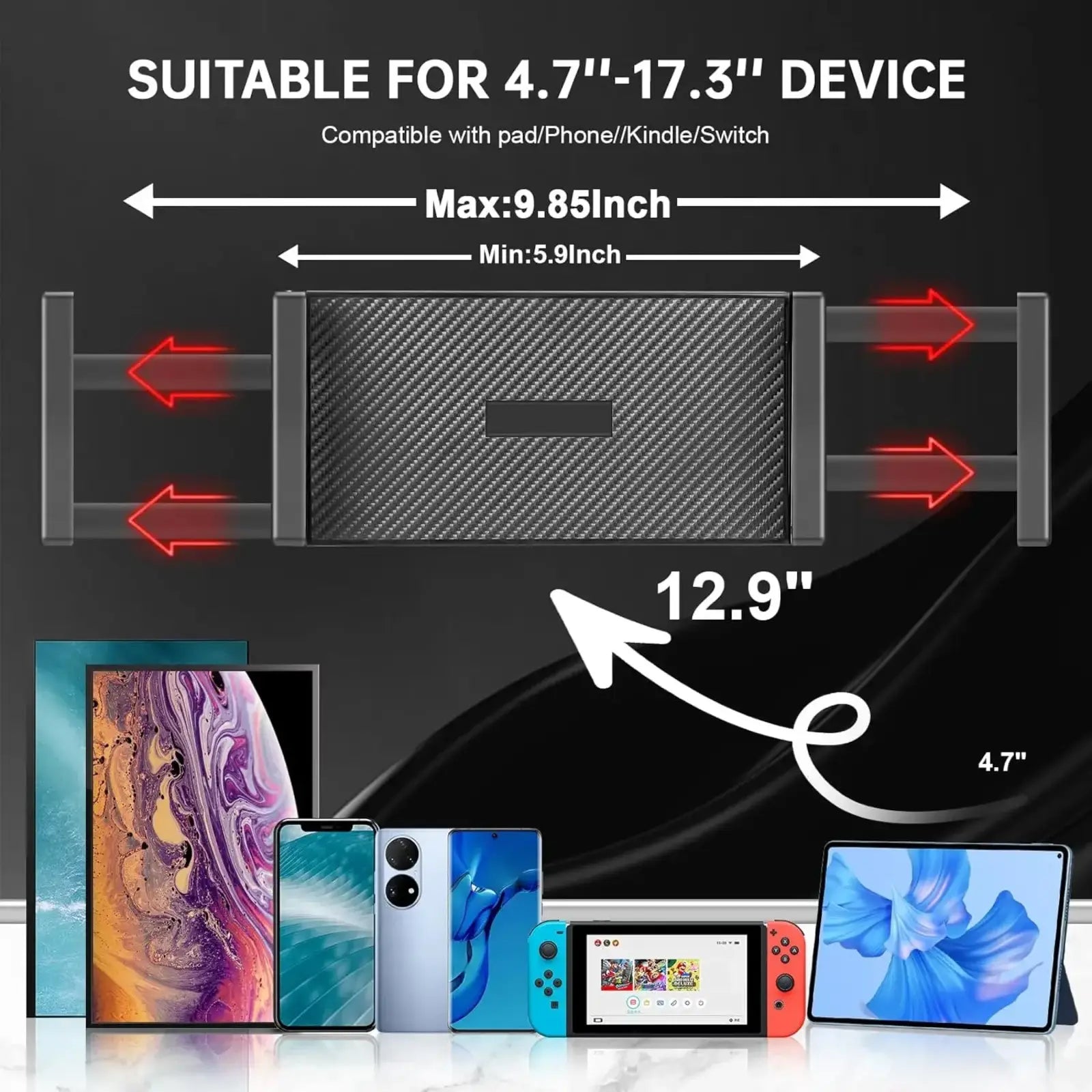 Adjustable heavy duty tablet and monitor desk stand with carbon fiber texture and clamps for devices 4.7 to 12.9 inches