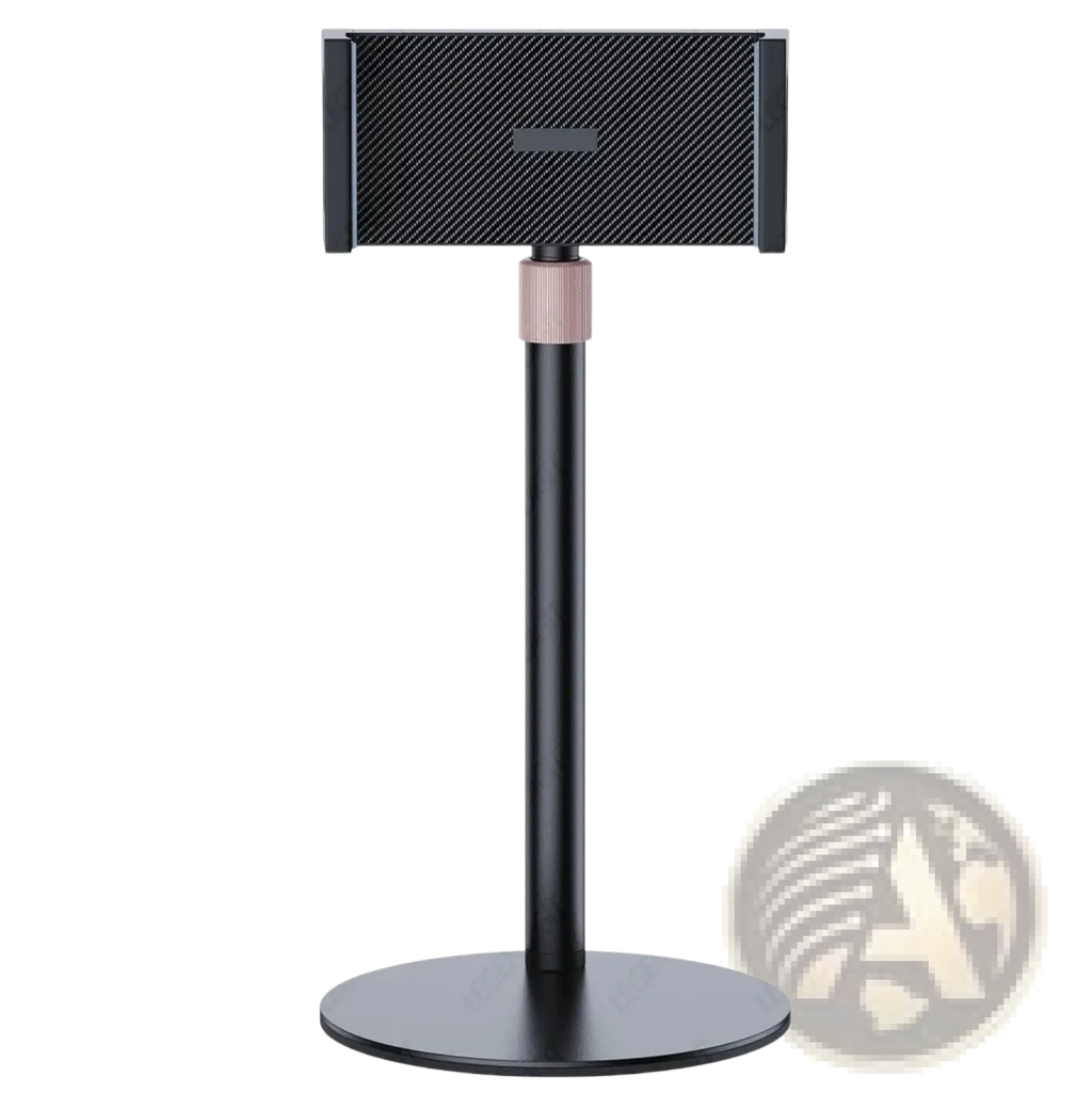 Adjustable heavy duty tablet and monitor desk stand in black carbon fiber with rose gold accent on adjustable neck
