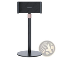 Adjustable heavy duty tablet and monitor desk stand in black carbon fiber with rose gold accent on adjustable neck