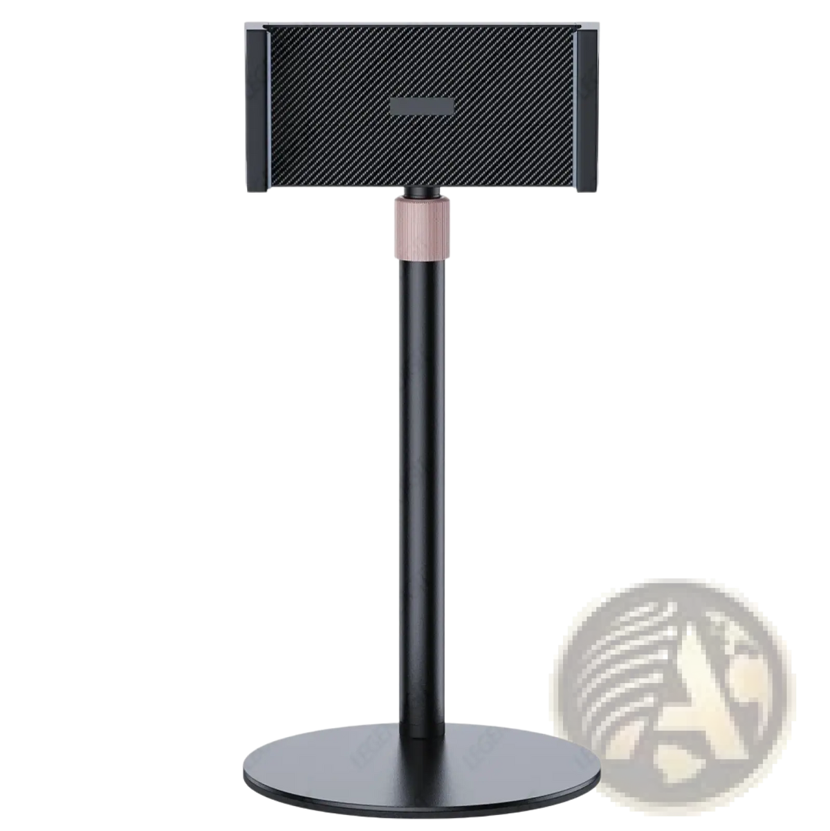 Adjustable heavy duty tablet and monitor desk stand in black carbon fiber with rose gold accent on adjustable neck