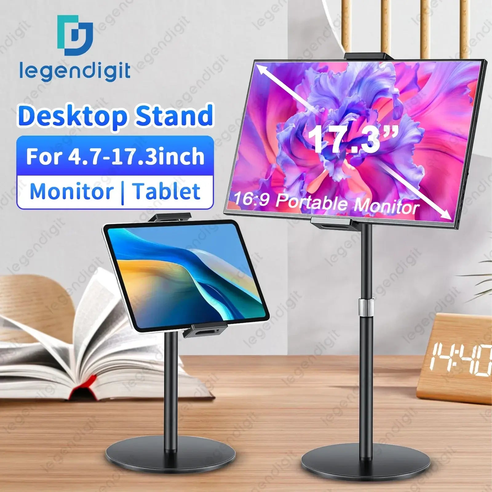 Black adjustable heavy duty desktop stand made of metal for 4.7-17.3 inch monitors or tablets in use
