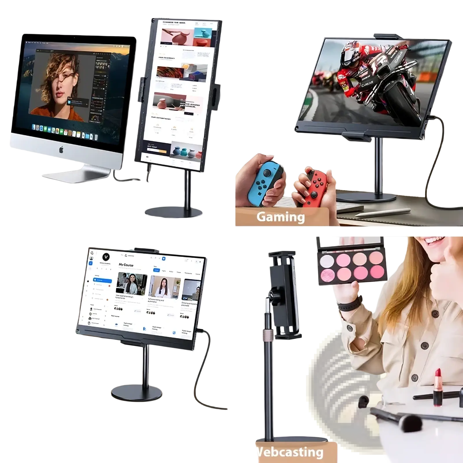 Black adjustable heavy duty tablet and monitor desk stand showing the back side for ergonomic workspace setup