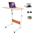 Adjustable height rolling laptop table with light wood finish tabletop and white metal frame for versatile use