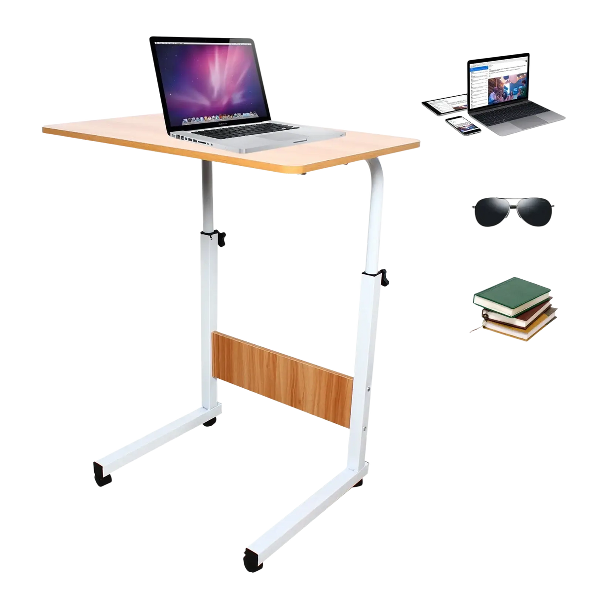 Adjustable height rolling laptop table with light wood finish tabletop and white metal frame for versatile use