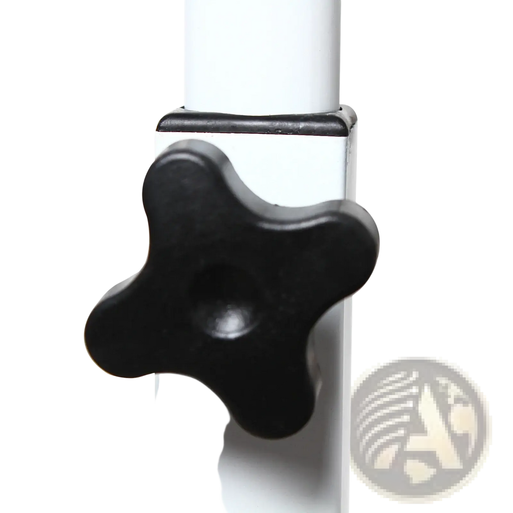 Black four-pronged plastic adjustment knob on white pole of adjustable height rolling laptop table with wood finish