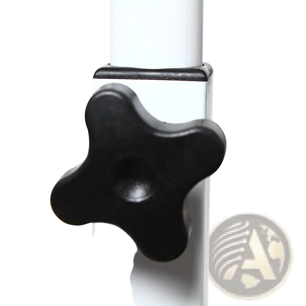 Black four-pronged plastic adjustment knob on white pole of adjustable height rolling laptop table with wood finish