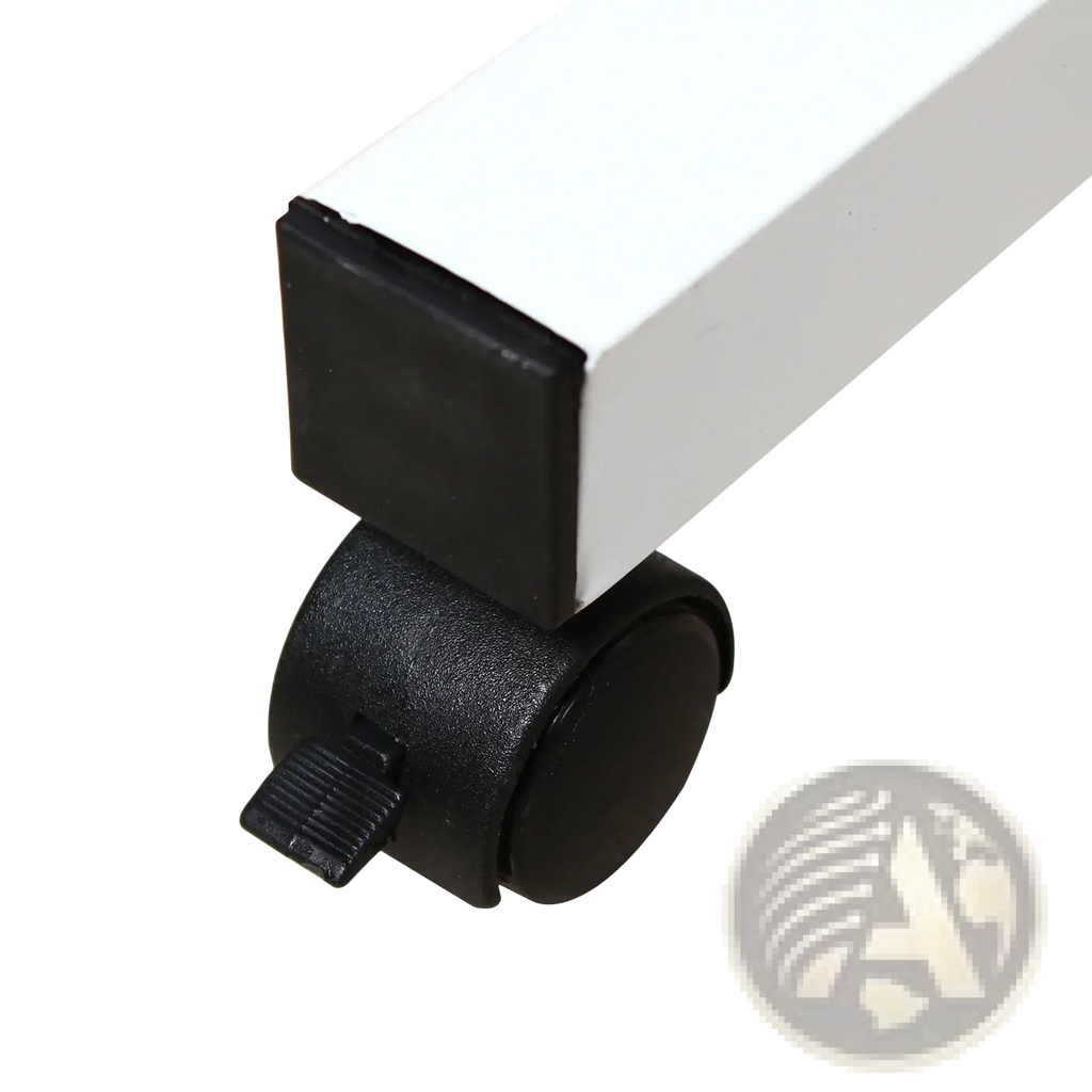 Black plastic caster wheel with locking mechanism attached to white metal frame of adjustable height rolling laptop table wood finish