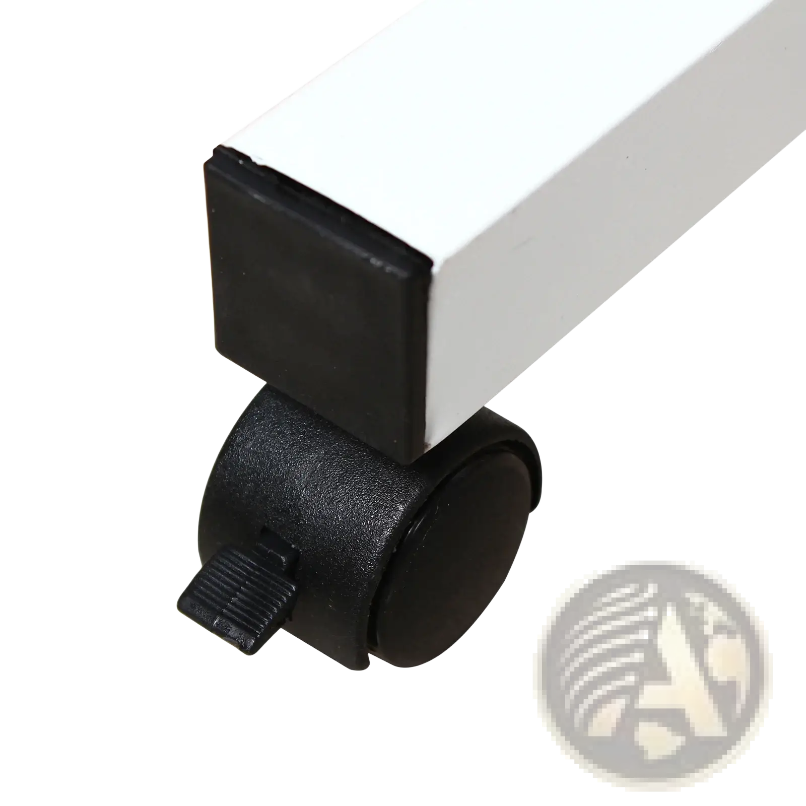 Black plastic caster wheel with locking mechanism attached to white metal frame of adjustable height rolling laptop table wood finish