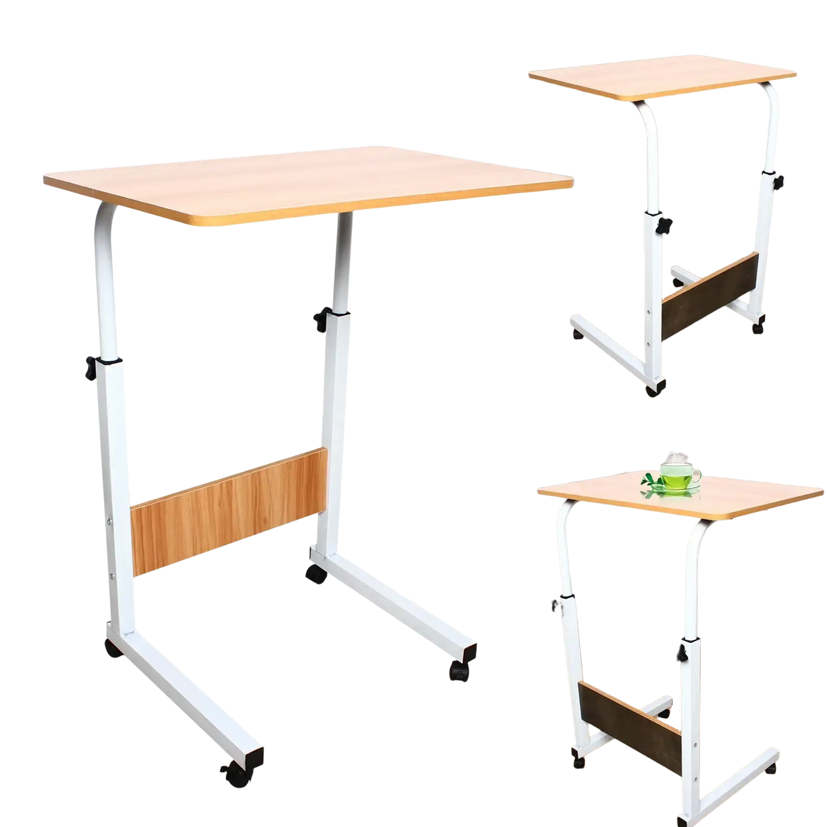 Adjustable height rolling laptop table with light wood finish tabletop white metal frame and black caster wheels