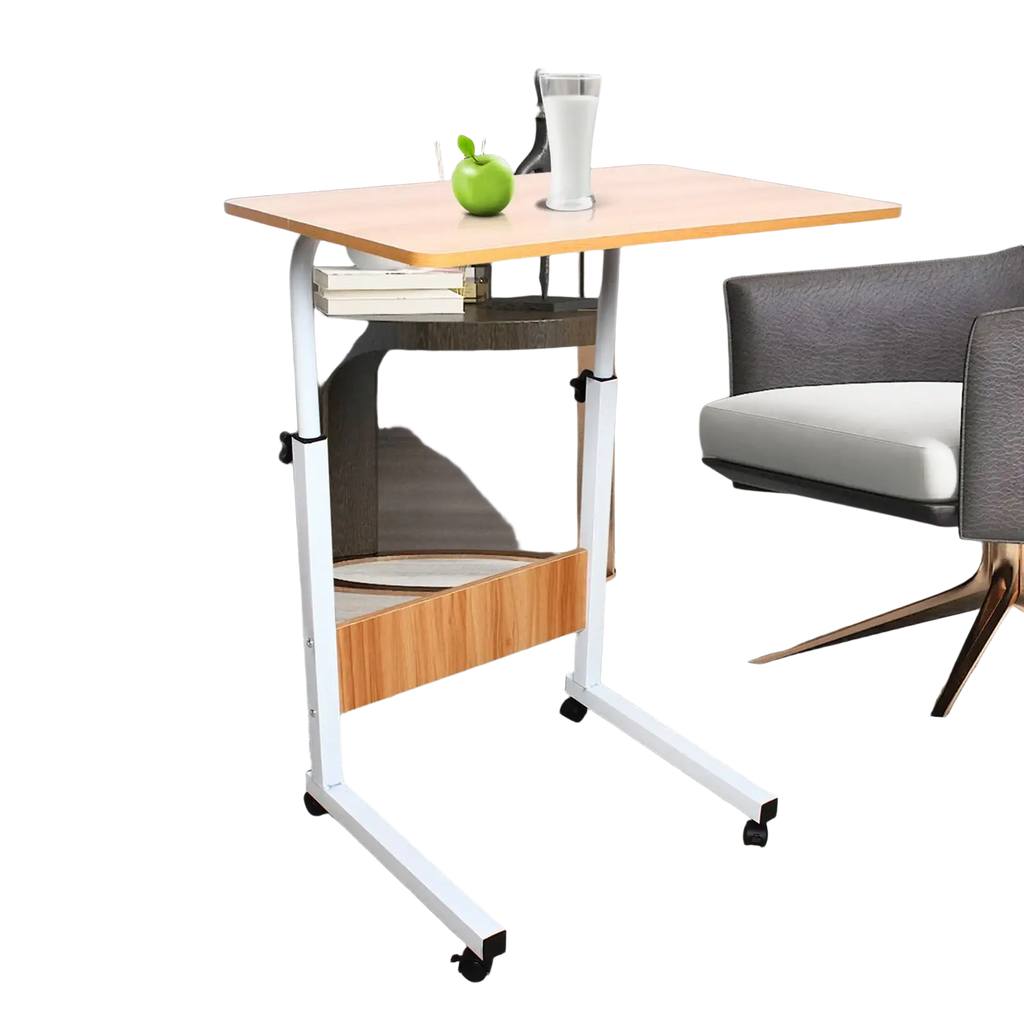 Adjustable height rolling laptop table with light wood top white metal frame and black caster wheels for bedside use