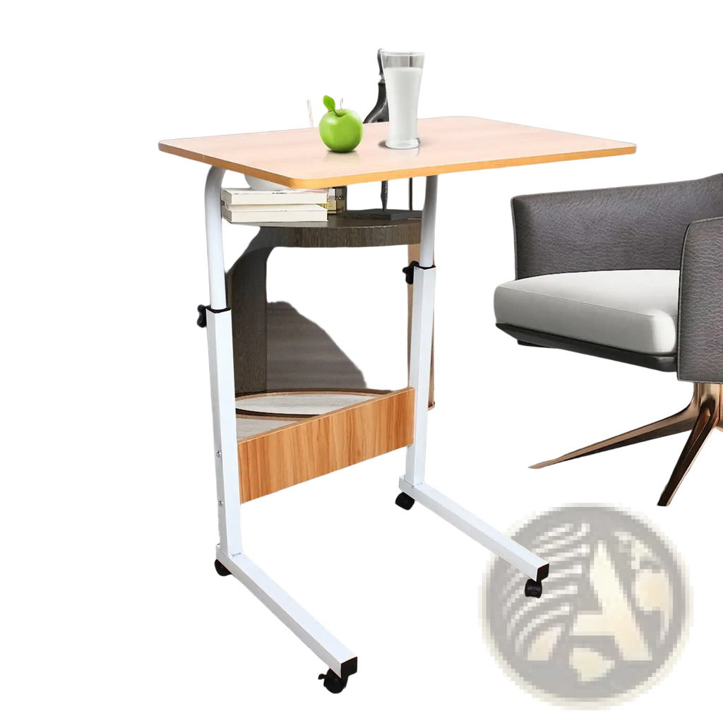 Adjustable height rolling laptop table with light wood top white metal frame and black caster wheels for bedside use