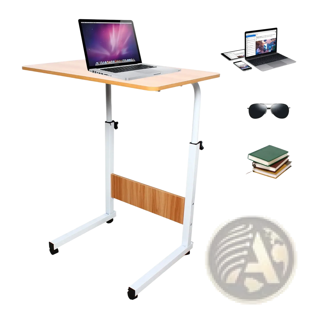 Adjustable height rolling laptop table with light wood finish tabletop and white metal frame for versatile use