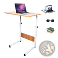 Adjustable height rolling laptop table with light wood finish tabletop and white metal frame for versatile use
