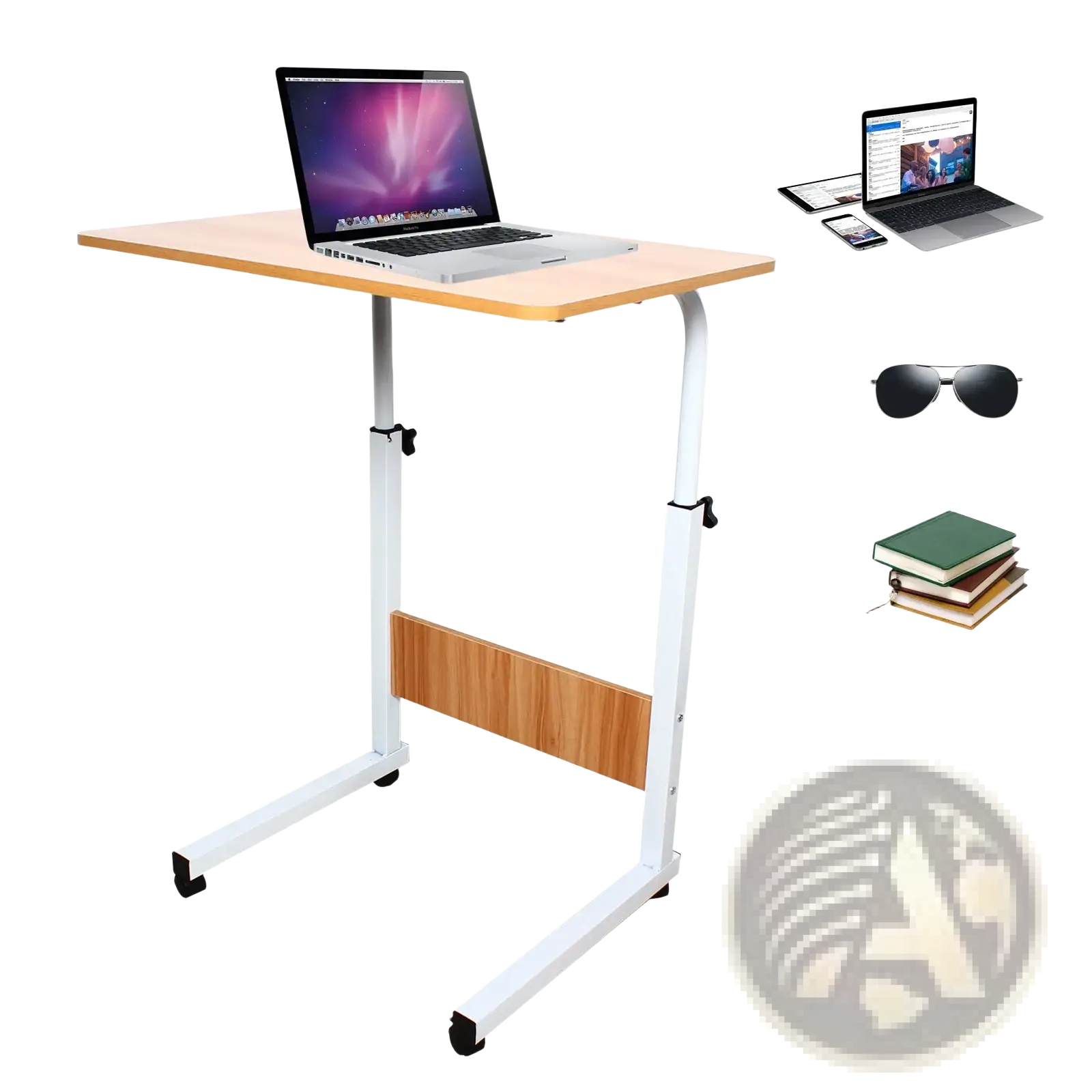 Adjustable height rolling laptop table with light wood finish tabletop and white metal frame for versatile use