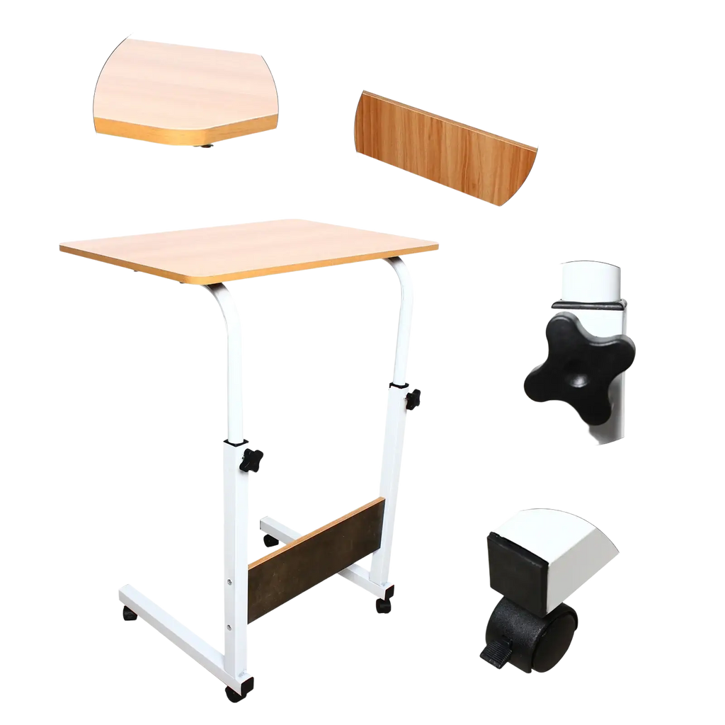 White adjustable height rolling laptop table with light wood-grain tabletop and black caster wheels