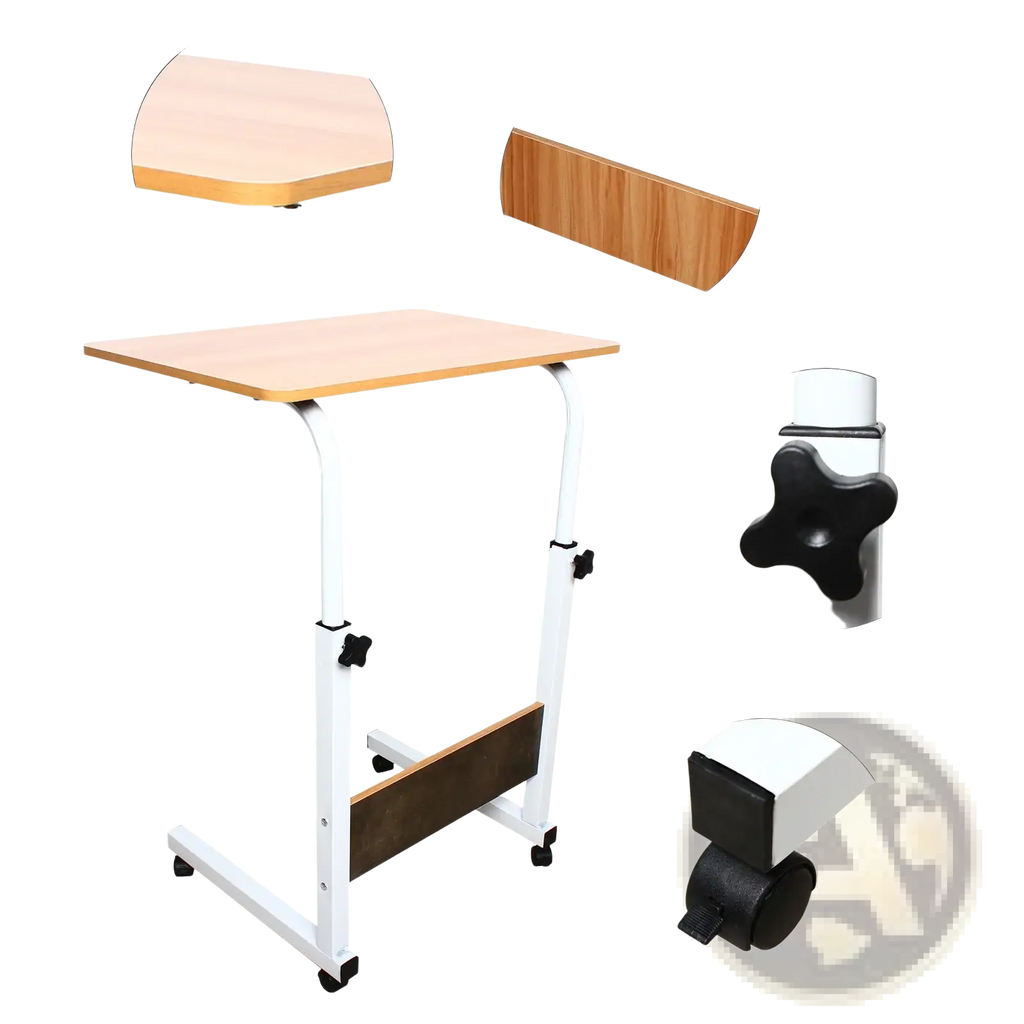 White adjustable height rolling laptop table with light wood-grain tabletop and black caster wheels