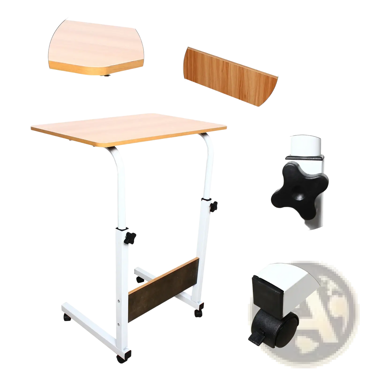 White adjustable height rolling laptop table with light wood-grain tabletop and black caster wheels