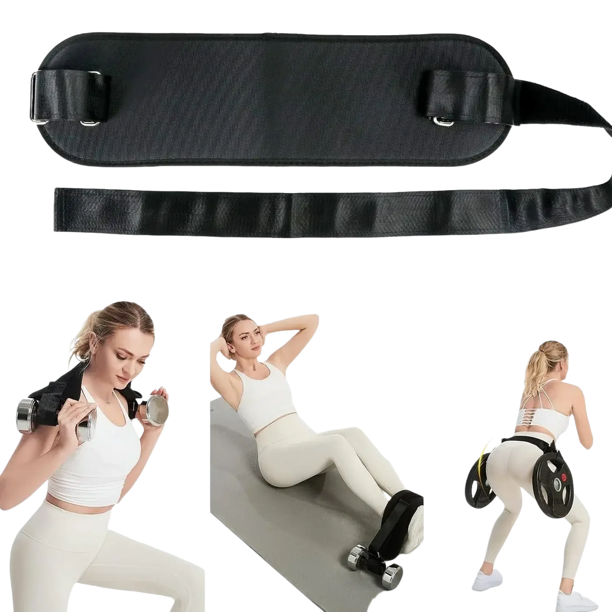 Adjustable hip thrust weight bearing belt in black fabric with metal d-rings and adjustable straps for secure workouts