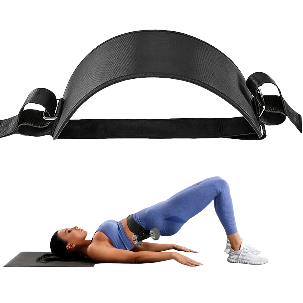 Adjustable hip thrust weight bearing belt made of black fabric with adjustable straps and metal buckles for secure fit