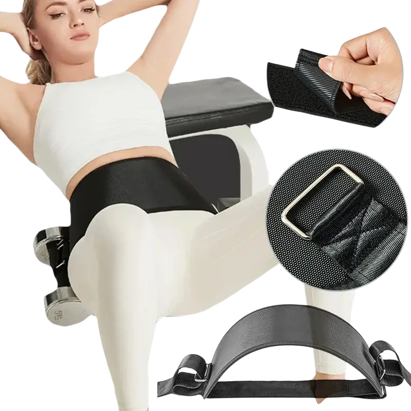 Black adjustable hip thrust weight bearing belt with padded straps and metal buckle for secure fitness support