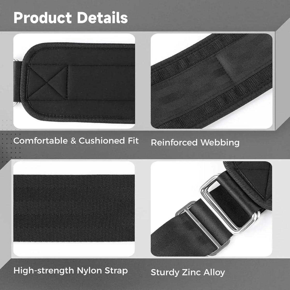 Adjustable hip thrust weight bearing belt with black high-strength nylon strap reinforced webbing and sturdy zinc alloy buckle