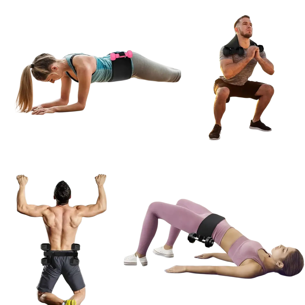 Adjustable hip thrust weight bearing belt in black with adjustable straps and small dumbbell attachments for exercises